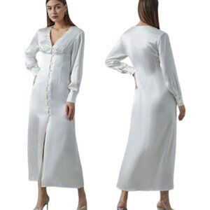 Silk Maison NWT Lantern Cuff Buttoned Slit Silk Dress in Pearl White Size XS